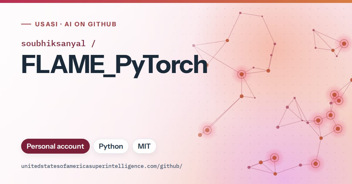 Generated pink constellation network artwork for soubhiksanyal/FLAME_PyTorch, labeled USASI · AI on GitHub, with Personal account · Python · MIT.