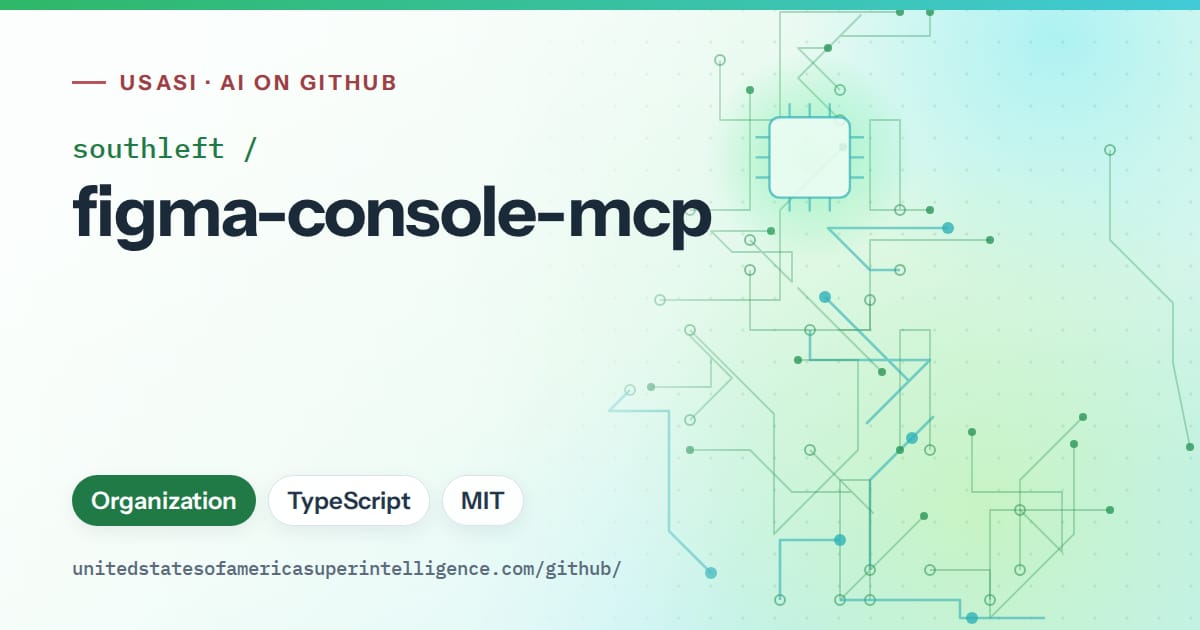 Generated green circuit-trace artwork for southleft/figma-console-mcp, labeled USASI · AI on GitHub, with Organization · TypeScript · MIT.