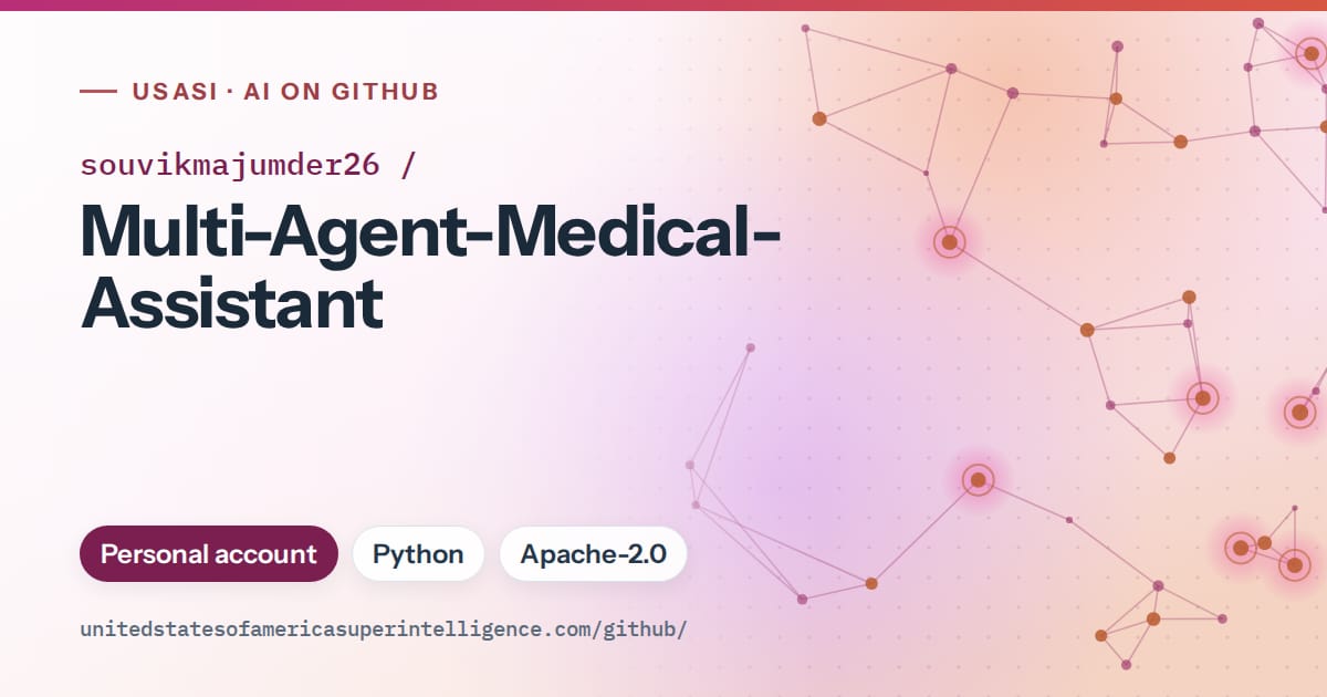 Generated pink constellation network artwork for souvikmajumder26/Multi-Agent-Medical-Assistant, labeled USASI · AI on GitHub, with Personal account · Python · Apache-2.0.