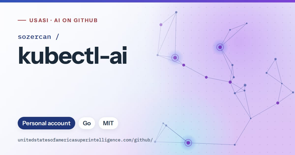 Generated blue constellation network artwork for sozercan/kubectl-ai, labeled USASI · AI on GitHub, with Personal account · Go · MIT.