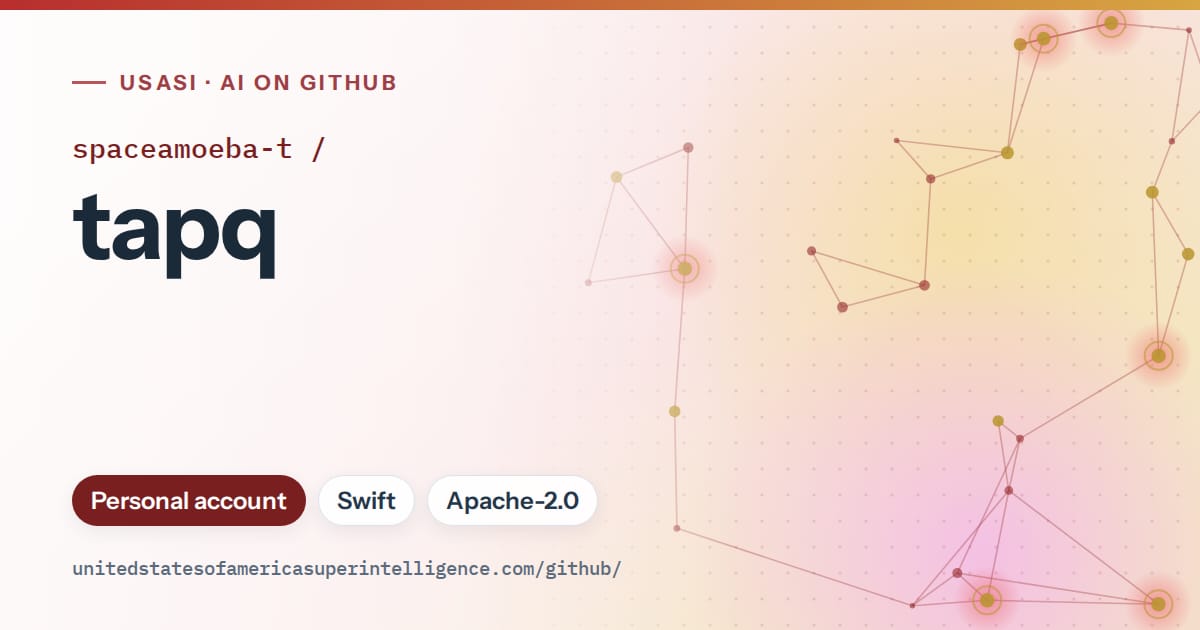 Generated red constellation network artwork for spaceamoeba-t/tapq, labeled USASI · AI on GitHub, with Personal account · Swift · Apache-2.0.