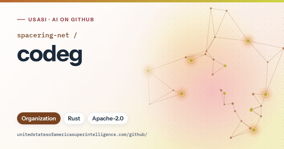 Generated orange constellation network artwork for spacering-net/codeg, labeled USASI · AI on GitHub, with Organization · Rust · Apache-2.0.