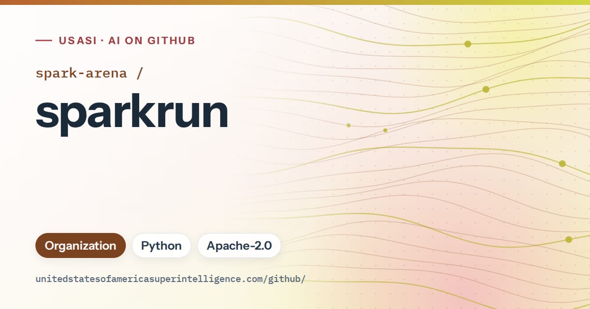 Generated orange flowing-wave artwork for spark-arena/sparkrun, labeled USASI · AI on GitHub, with Organization · Python · Apache-2.0.