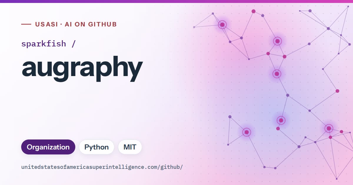 Generated violet constellation network artwork for sparkfish/augraphy, labeled USASI · AI on GitHub, with Organization · Python · MIT.