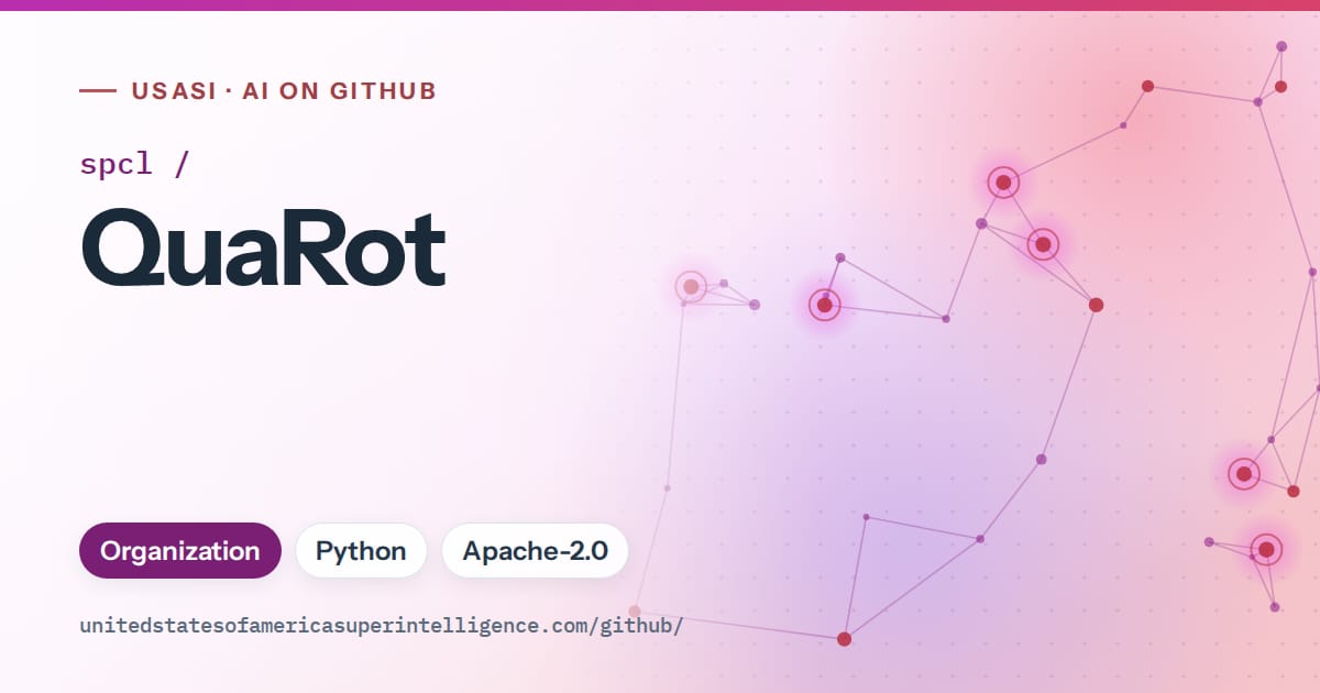 Generated purple constellation network artwork for spcl/QuaRot, labeled USASI · AI on GitHub, with Organization · Python · Apache-2.0.
