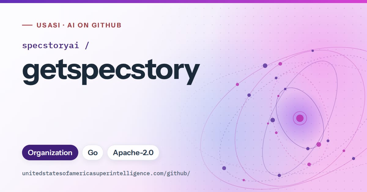 Generated violet orbit artwork for specstoryai/getspecstory, labeled USASI · AI on GitHub, with Organization · Go · Apache-2.0.