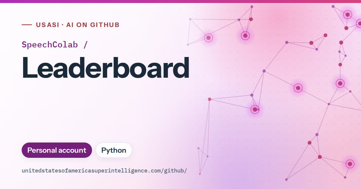 Generated purple constellation network artwork for SpeechColab/Leaderboard, labeled USASI · AI on GitHub, with Personal account · Python.