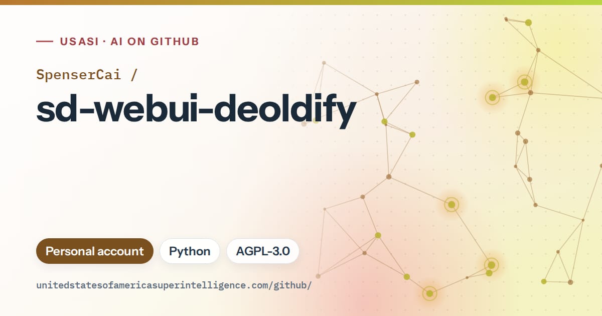 Generated orange constellation network artwork for SpenserCai/sd-webui-deoldify, labeled USASI · AI on GitHub, with Personal account · Python · AGPL-3.0.