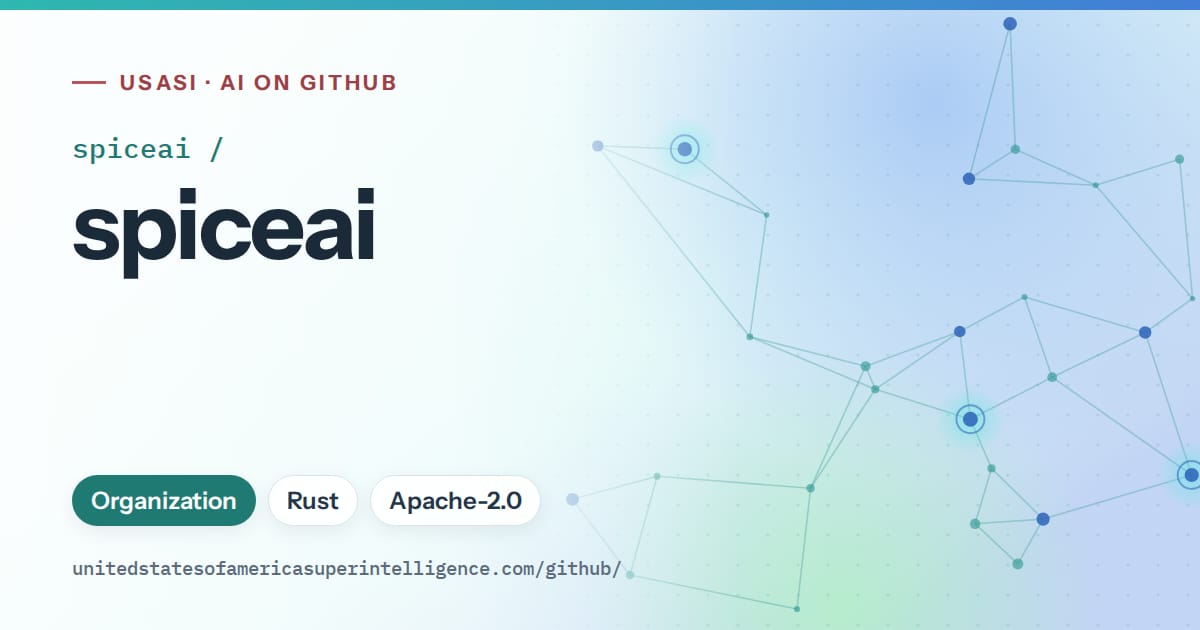 Generated teal constellation network artwork for spiceai/spiceai, labeled USASI · AI on GitHub, with Organization · Rust · Apache-2.0.