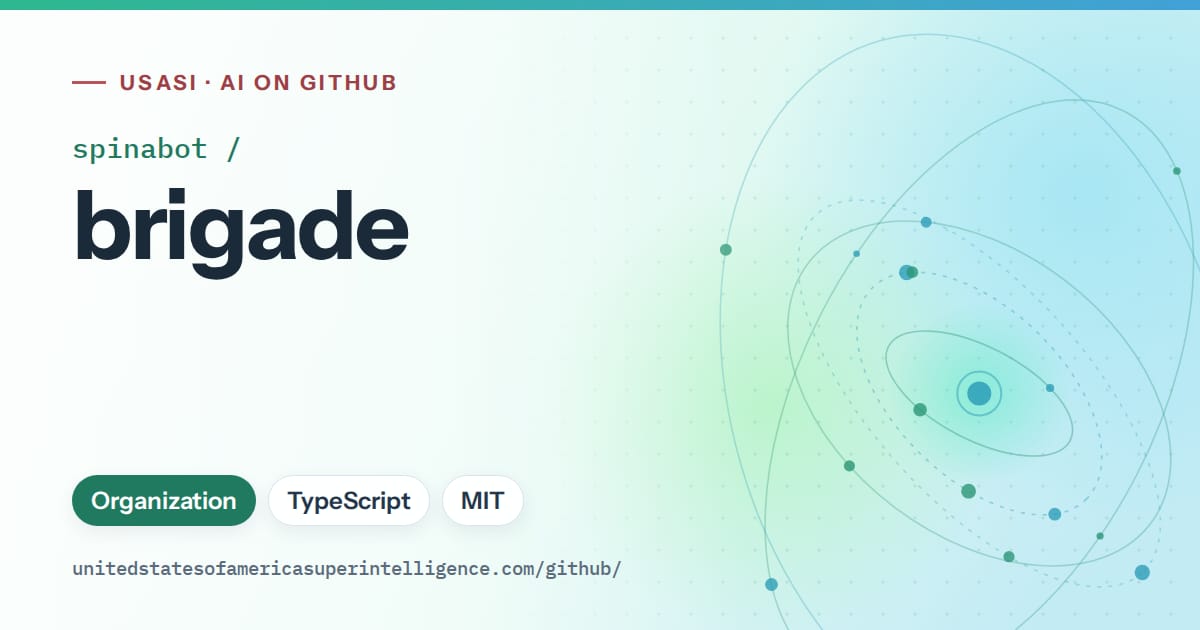 Generated teal orbit artwork for spinabot/brigade, labeled USASI · AI on GitHub, with Organization · TypeScript · MIT.
