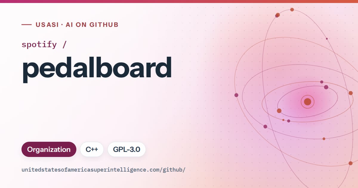 Generated pink orbit artwork for spotify/pedalboard, labeled USASI · AI on GitHub, with Organization · C++ · GPL-3.0.