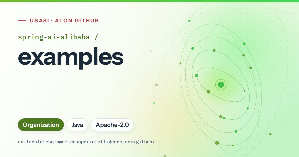 Generated green orbit artwork for spring-ai-alibaba/examples, labeled USASI · AI on GitHub, with Organization · Java · Apache-2.0.