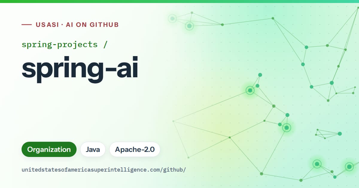 Generated green constellation network artwork for spring-projects/spring-ai, labeled USASI · AI on GitHub, with Organization · Java · Apache-2.0.