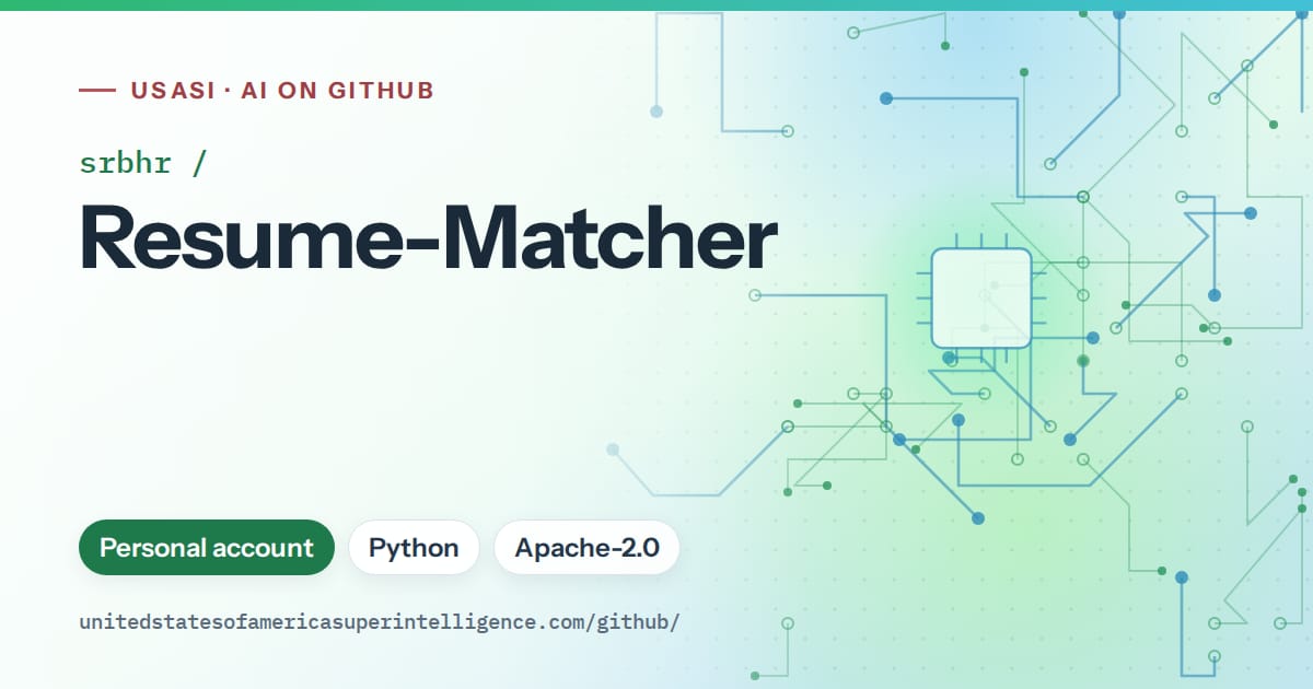 Generated green circuit-trace artwork for srbhr/Resume-Matcher, labeled USASI · AI on GitHub, with Personal account · Python · Apache-2.0.
