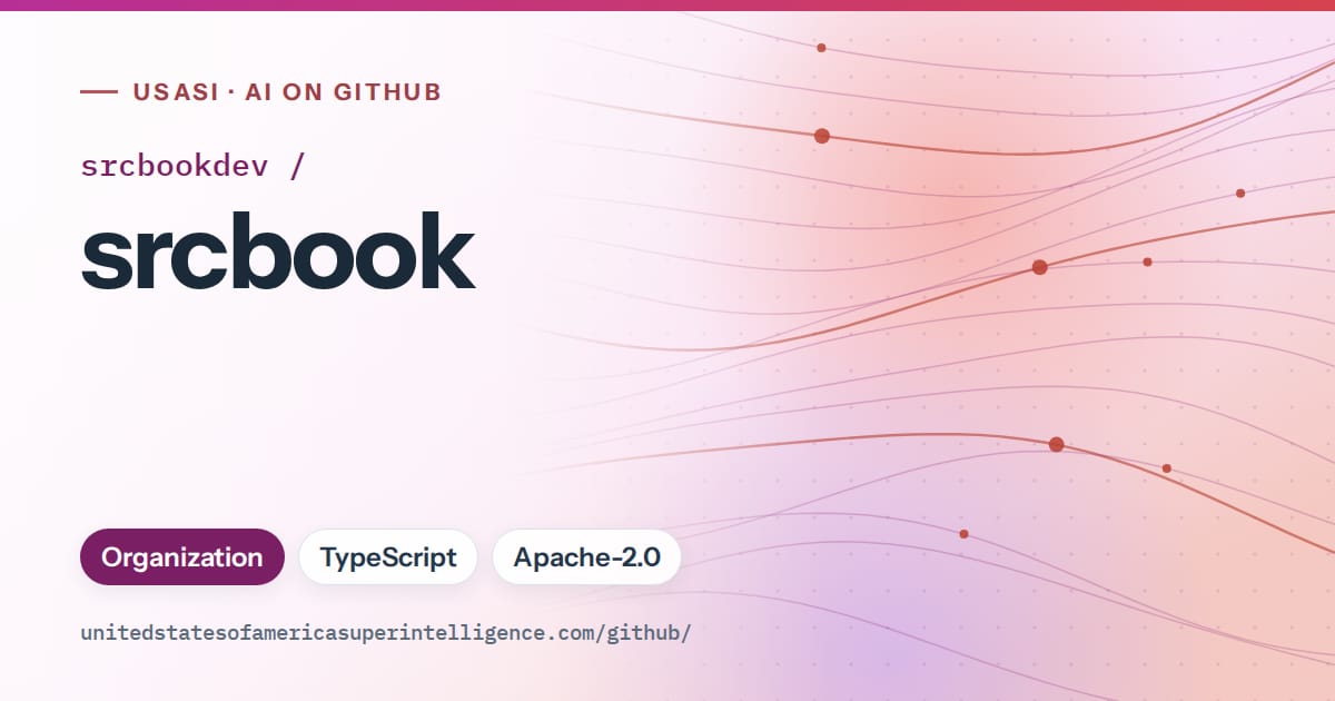 Generated purple flowing-wave artwork for srcbookdev/srcbook, labeled USASI · AI on GitHub, with Organization · TypeScript · Apache-2.0.