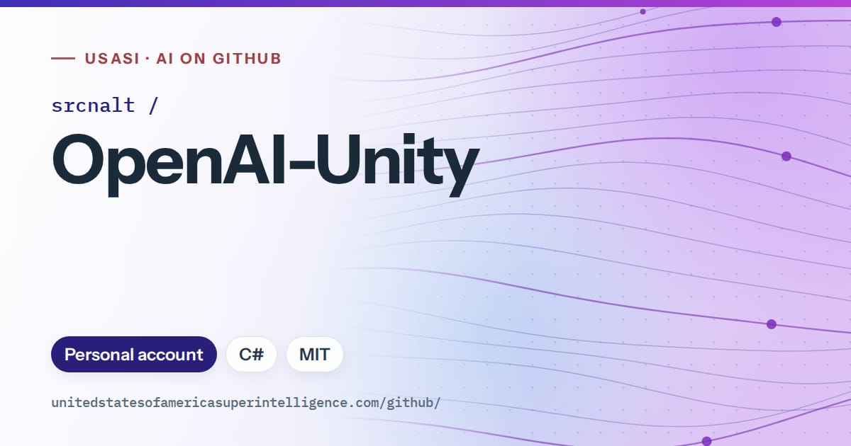 Generated blue flowing-wave artwork for srcnalt/OpenAI-Unity, labeled USASI · AI on GitHub, with Personal account · C# · MIT.
