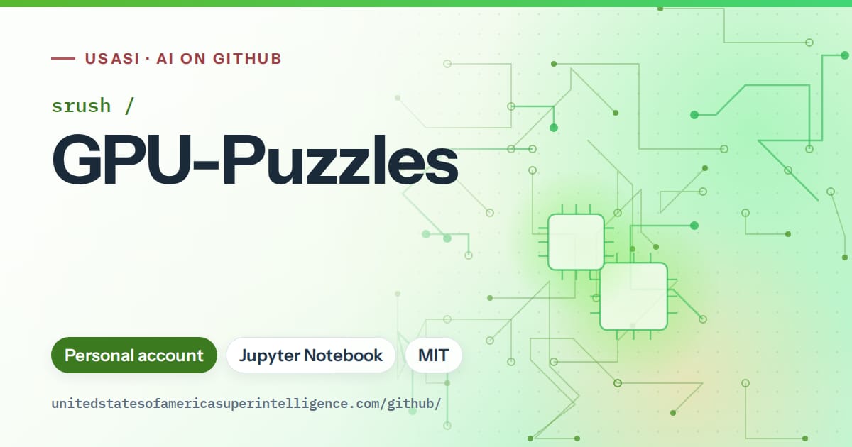 Generated green circuit-trace artwork for srush/GPU-Puzzles, labeled USASI · AI on GitHub, with Personal account · Jupyter Notebook · MIT.