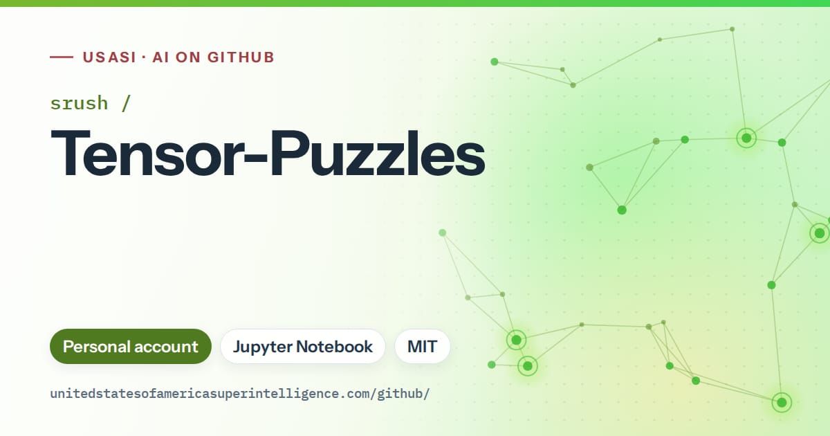 Generated green constellation network artwork for srush/Tensor-Puzzles, labeled USASI · AI on GitHub, with Personal account · Jupyter Notebook · MIT.