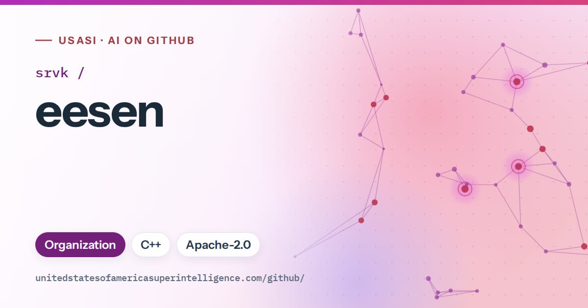 Generated purple constellation network artwork for srvk/eesen, labeled USASI · AI on GitHub, with Organization · C++ · Apache-2.0.