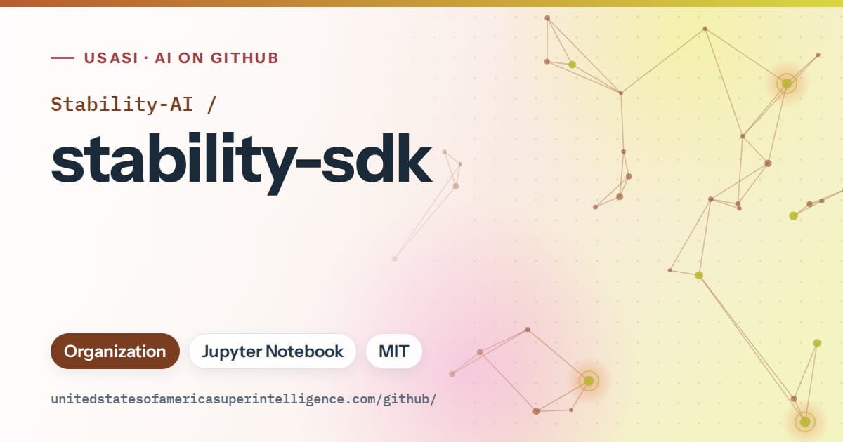 Generated orange constellation network artwork for Stability-AI/stability-sdk, labeled USASI · AI on GitHub, with Organization · Jupyter Notebook · MIT.