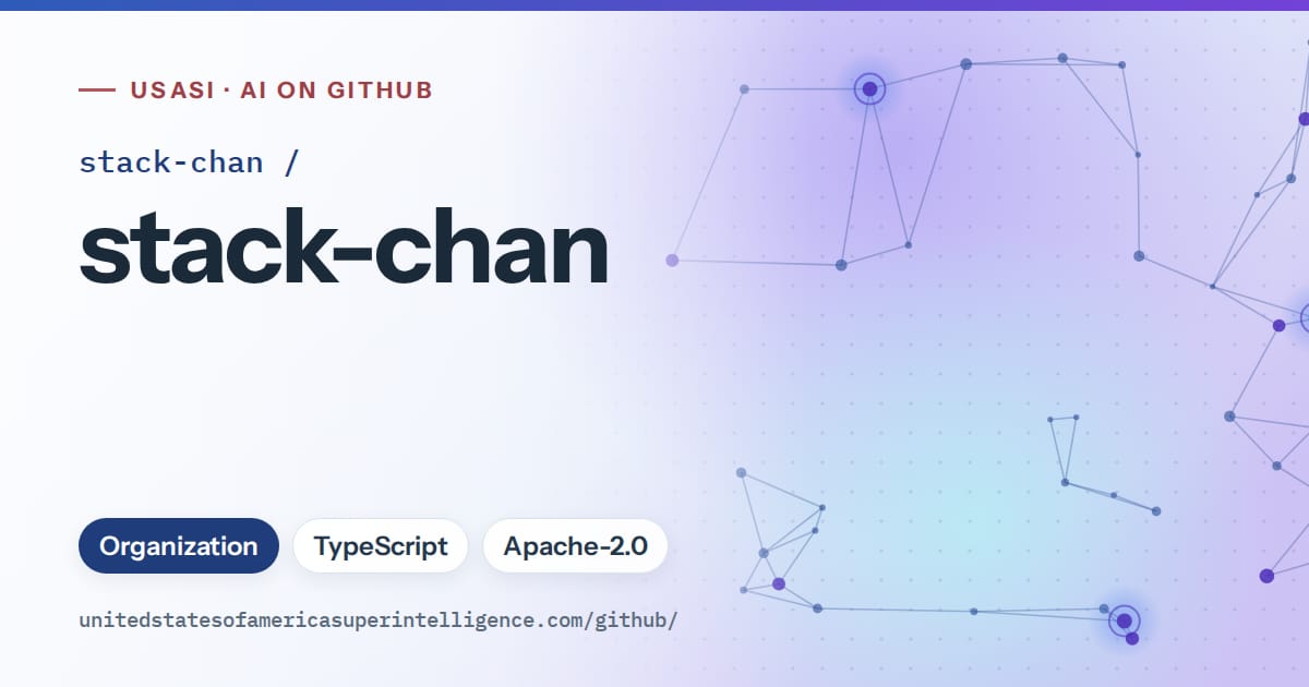 Generated blue constellation network artwork for stack-chan/stack-chan, labeled USASI · AI on GitHub, with Organization · TypeScript · Apache-2.0.