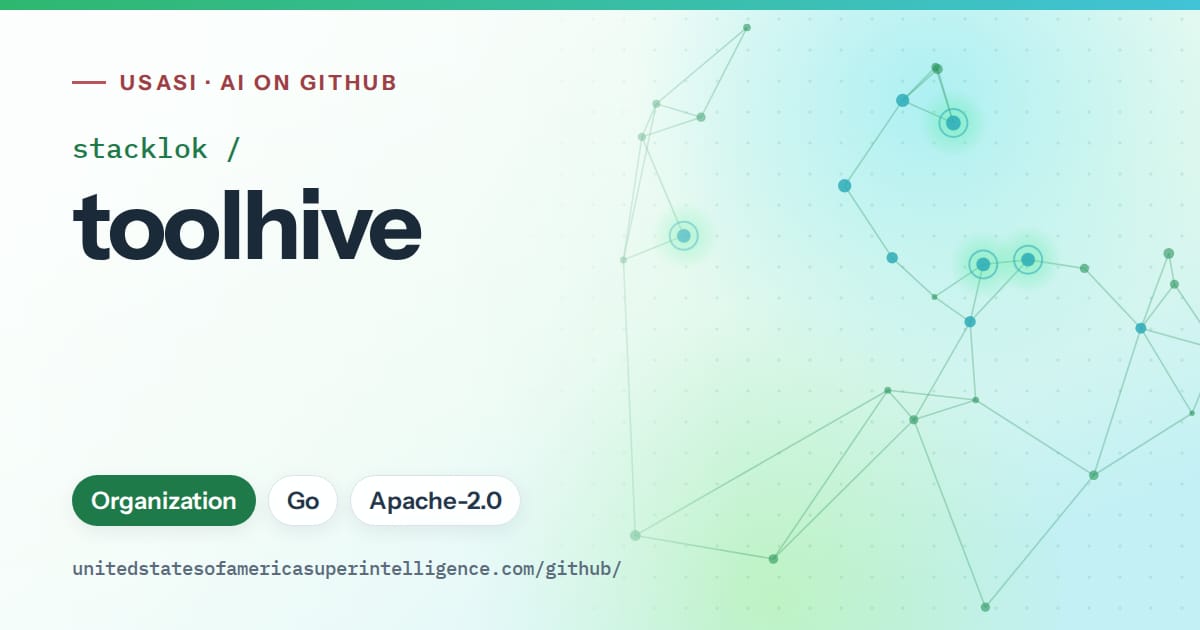 Generated green constellation network artwork for stacklok/toolhive, labeled USASI · AI on GitHub, with Organization · Go · Apache-2.0.