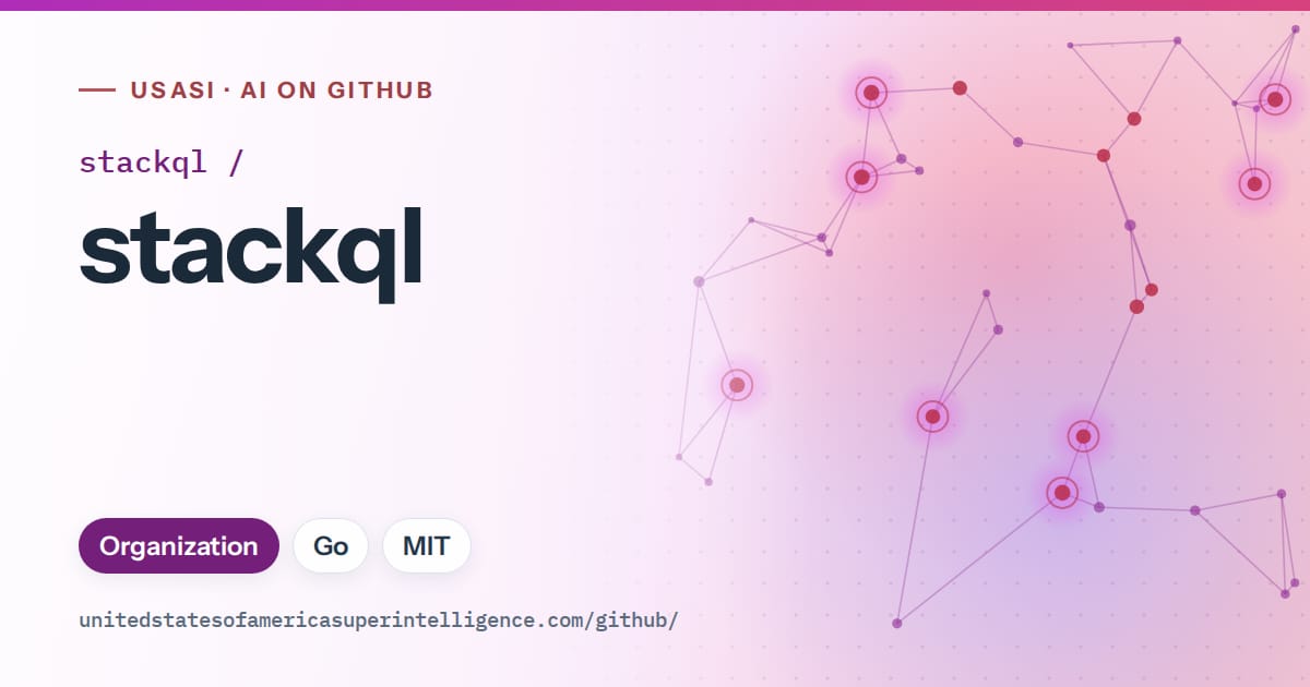Generated purple constellation network artwork for stackql/stackql, labeled USASI · AI on GitHub, with Organization · Go · MIT.