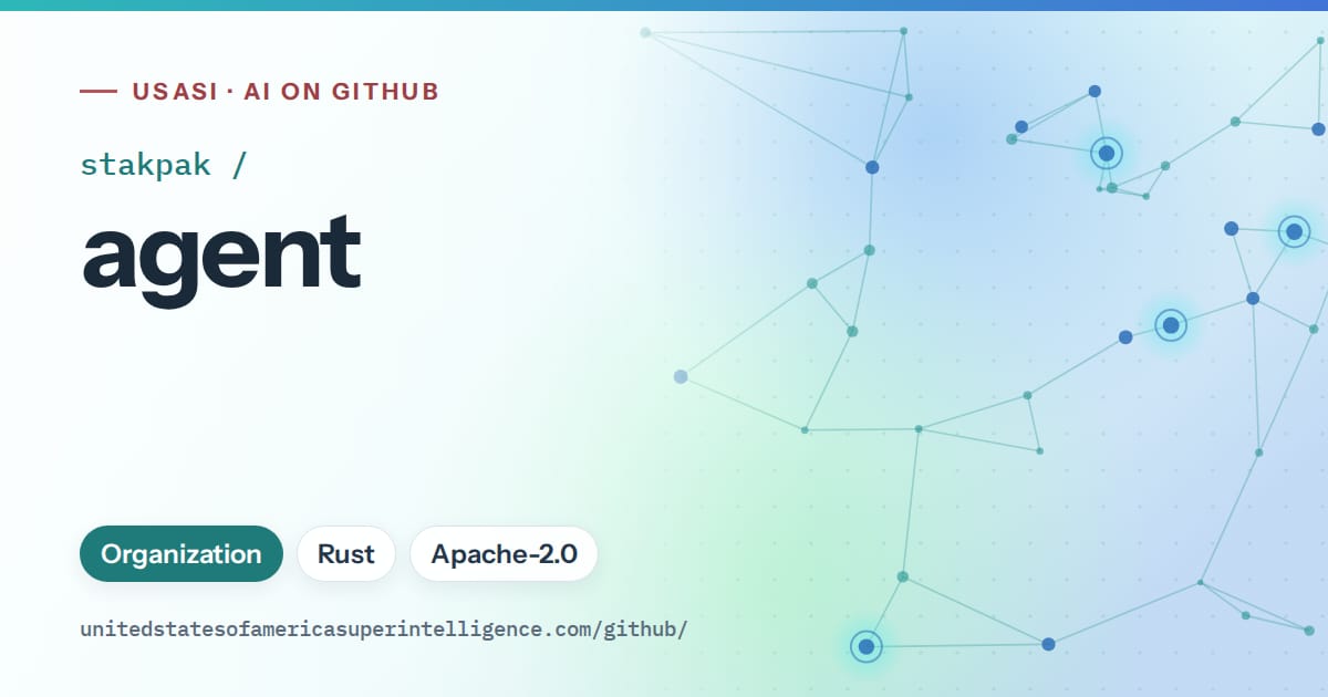 Generated teal constellation network artwork for stakpak/agent, labeled USASI · AI on GitHub, with Organization · Rust · Apache-2.0.