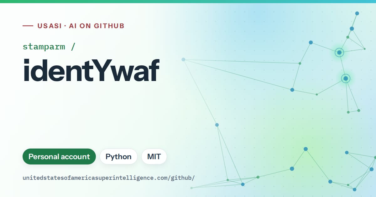 Generated green constellation network artwork for stamparm/identYwaf, labeled USASI · AI on GitHub, with Personal account · Python · MIT.
