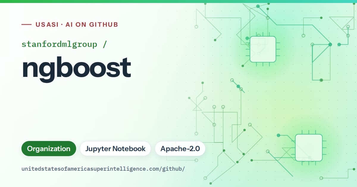 Generated green circuit-trace artwork for stanfordmlgroup/ngboost, labeled USASI · AI on GitHub, with Organization · Jupyter Notebook · Apache-2.0.