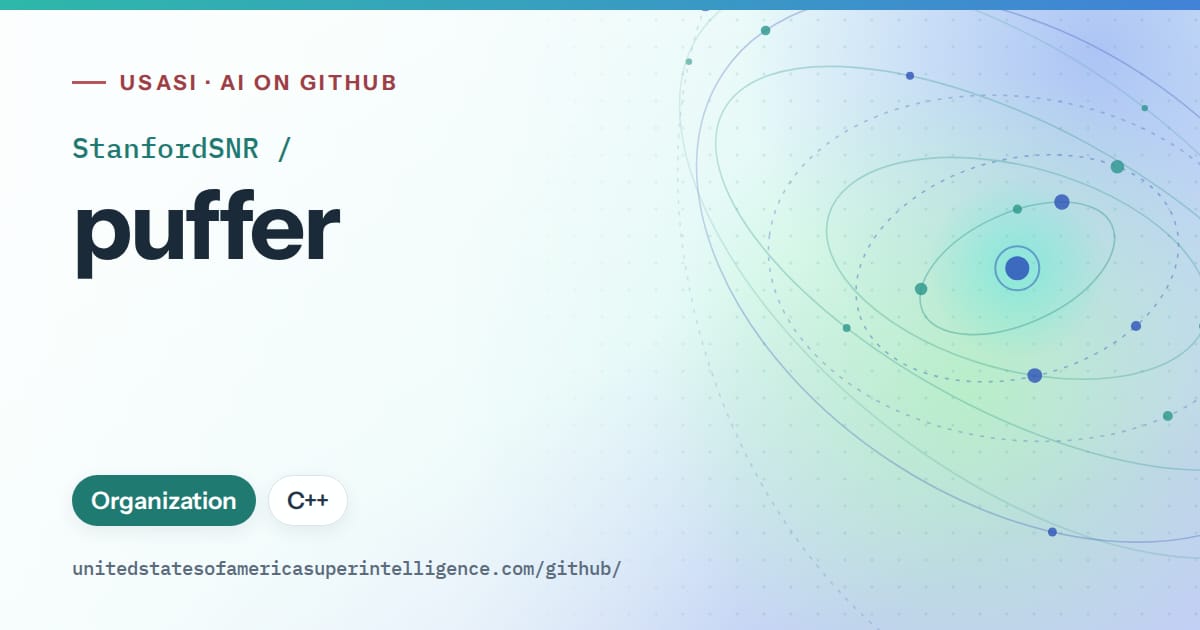 Generated teal orbit artwork for StanfordSNR/puffer, labeled USASI · AI on GitHub, with Organization · C++.