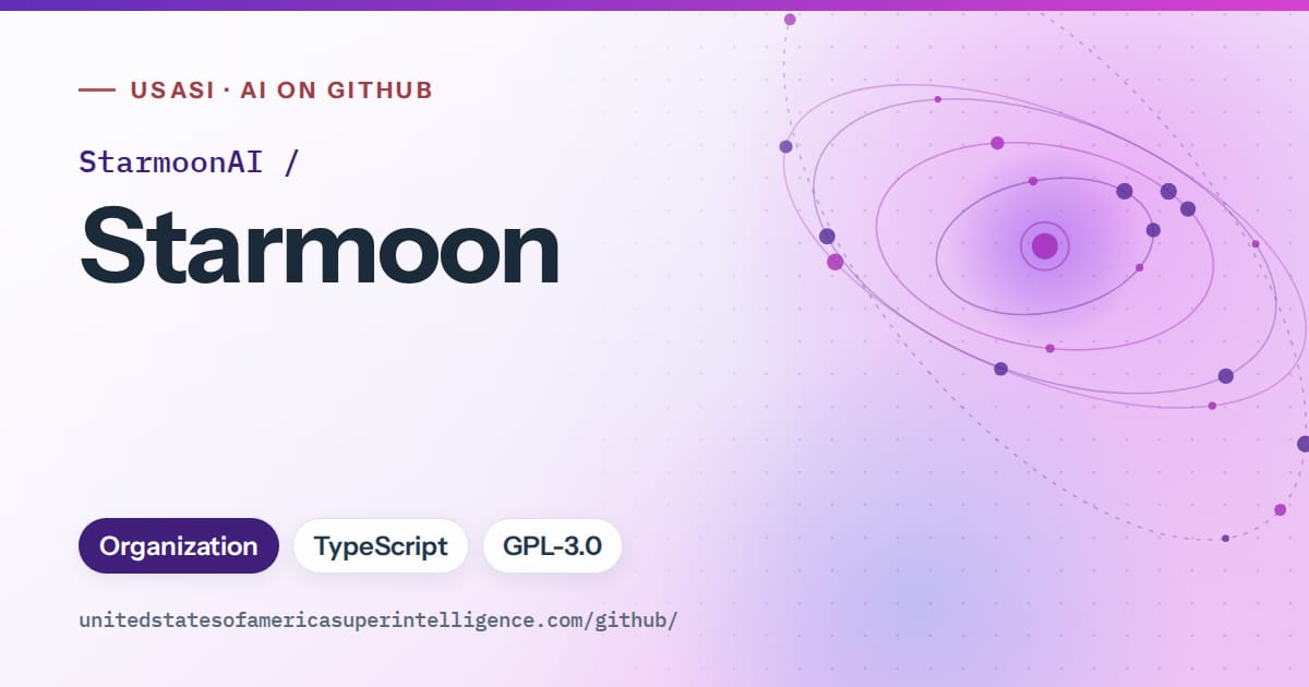 Generated violet orbit artwork for StarmoonAI/Starmoon, labeled USASI · AI on GitHub, with Organization · TypeScript · GPL-3.0.