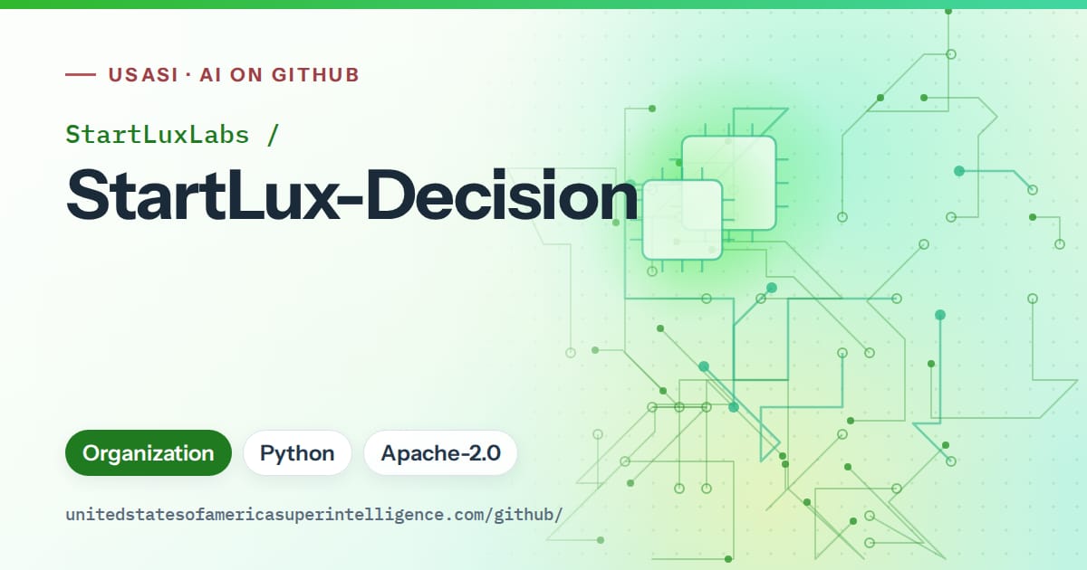 Generated green circuit-trace artwork for StartLuxLabs/StartLux-Decision, labeled USASI · AI on GitHub, with Organization · Python · Apache-2.0.