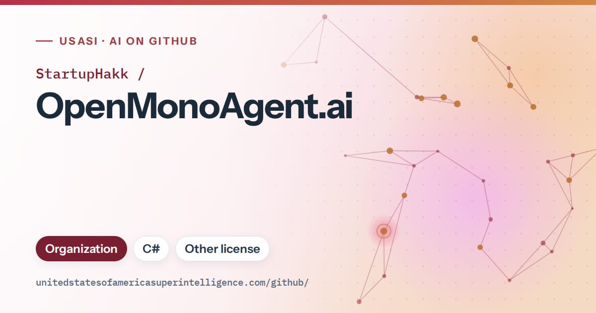 Generated red constellation network artwork for StartupHakk/OpenMonoAgent.ai, labeled USASI · AI on GitHub, with Organization · C# · Other license.