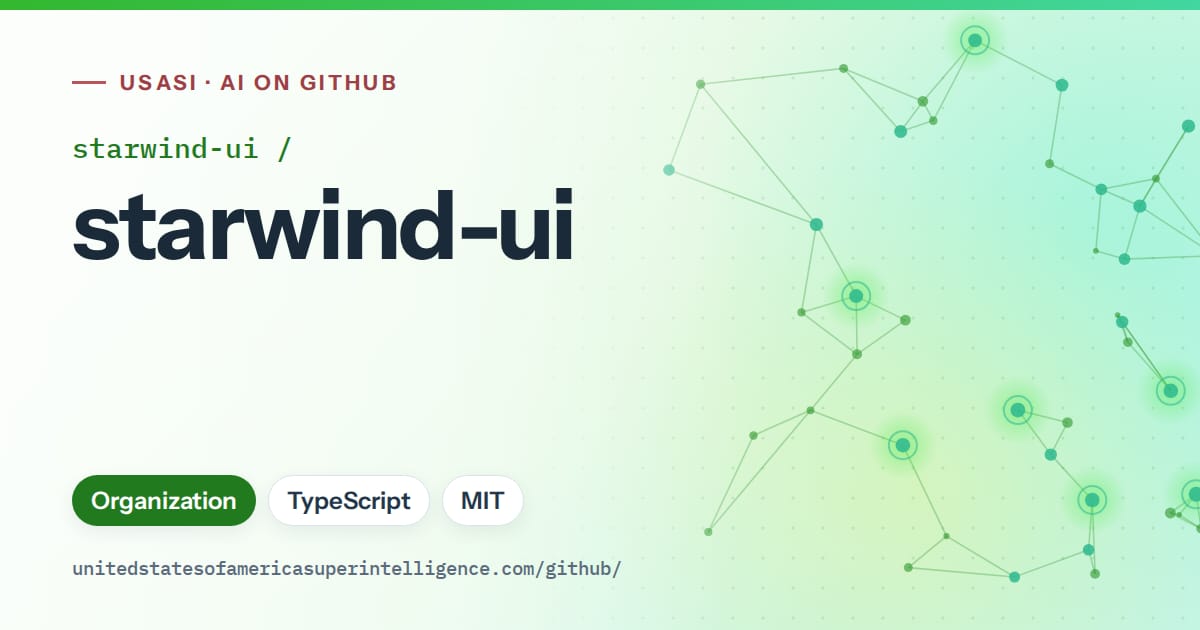 Generated green constellation network artwork for starwind-ui/starwind-ui, labeled USASI · AI on GitHub, with Organization · TypeScript · MIT.