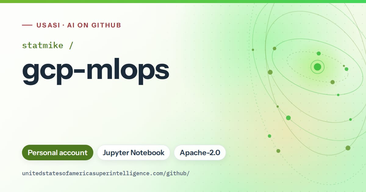 Generated green orbit artwork for statmike/gcp-mlops, labeled USASI · AI on GitHub, with Personal account · Jupyter Notebook · Apache-2.0.