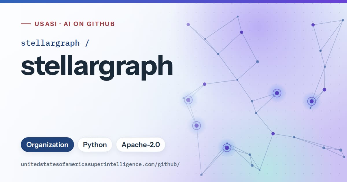 Generated blue constellation network artwork for stellargraph/stellargraph, labeled USASI · AI on GitHub, with Organization · Python · Apache-2.0.