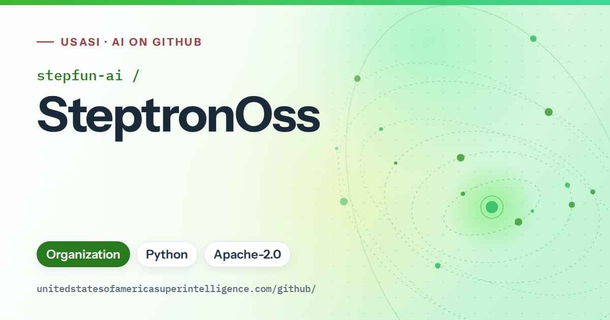 Generated green orbit artwork for stepfun-ai/SteptronOss, labeled USASI · AI on GitHub, with Organization · Python · Apache-2.0.