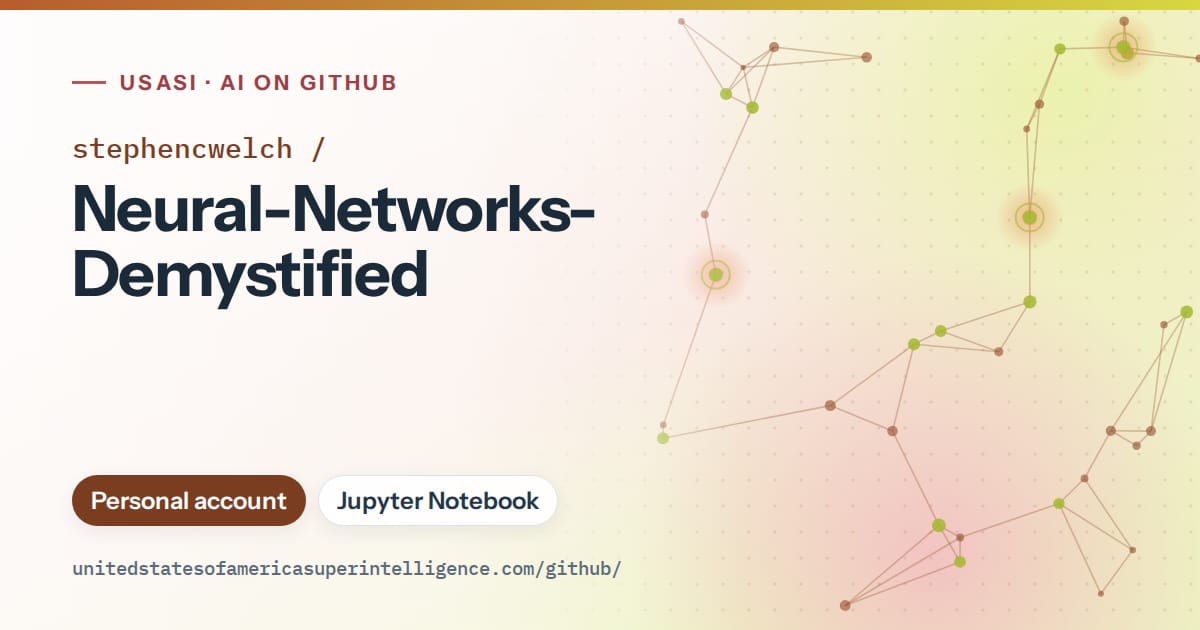 Generated orange constellation network artwork for stephencwelch/Neural-Networks-Demystified, labeled USASI · AI on GitHub, with Personal account · Jupyter Notebook.