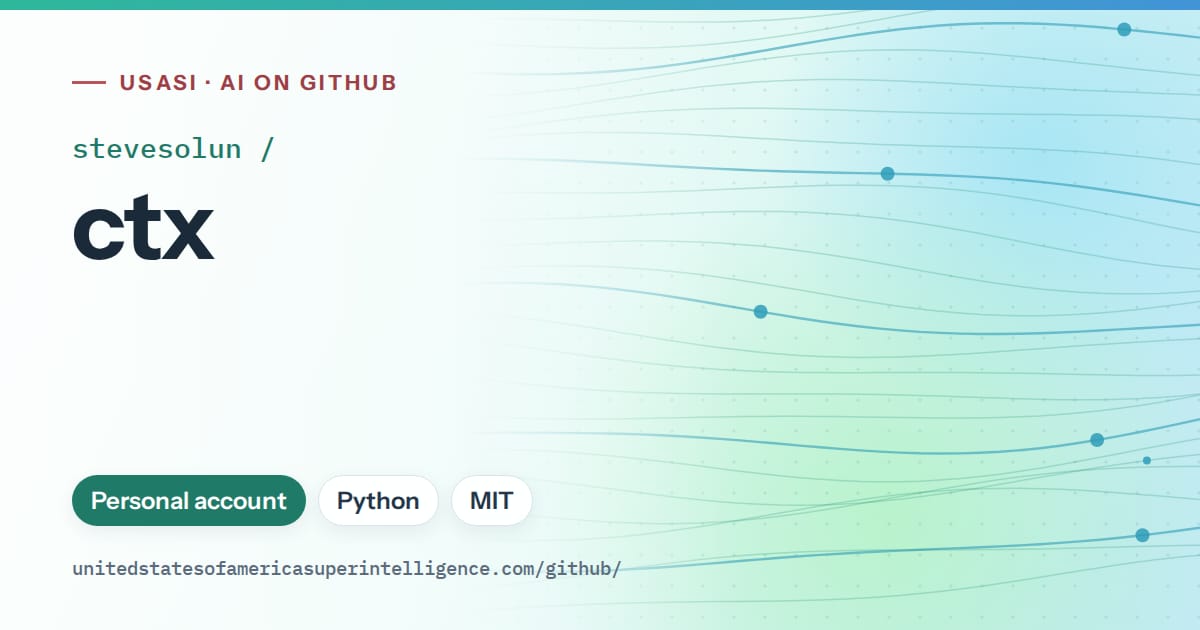 Generated teal flowing-wave artwork for stevesolun/ctx, labeled USASI · AI on GitHub, with Personal account · Python · MIT.