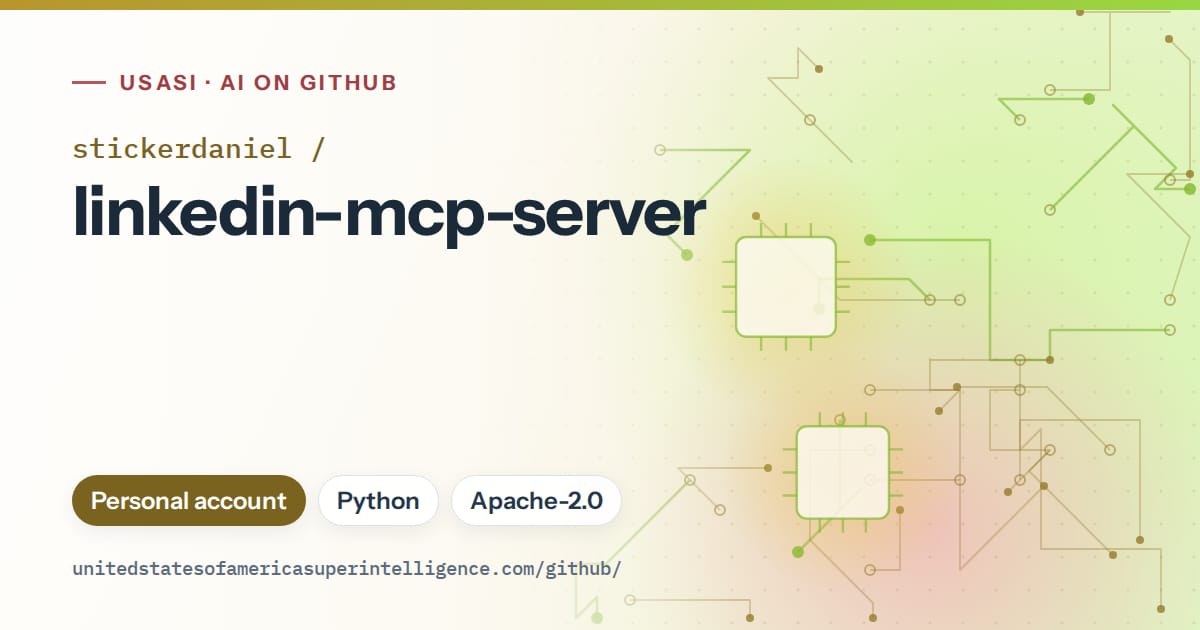 Generated green circuit-trace artwork for stickerdaniel/linkedin-mcp-server, labeled USASI · AI on GitHub, with Personal account · Python · Apache-2.0.
