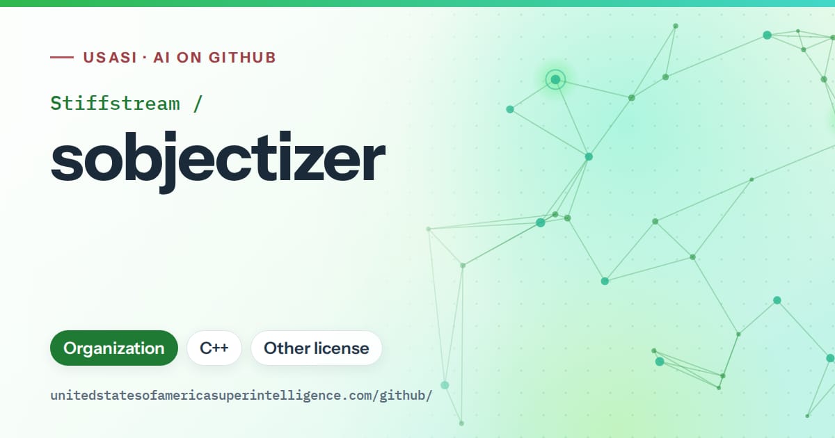 Generated green constellation network artwork for Stiffstream/sobjectizer, labeled USASI · AI on GitHub, with Organization · C++ · Other license.