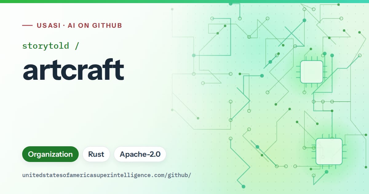 Generated green circuit-trace artwork for storytold/artcraft, labeled USASI · AI on GitHub, with Organization · Rust · Apache-2.0.