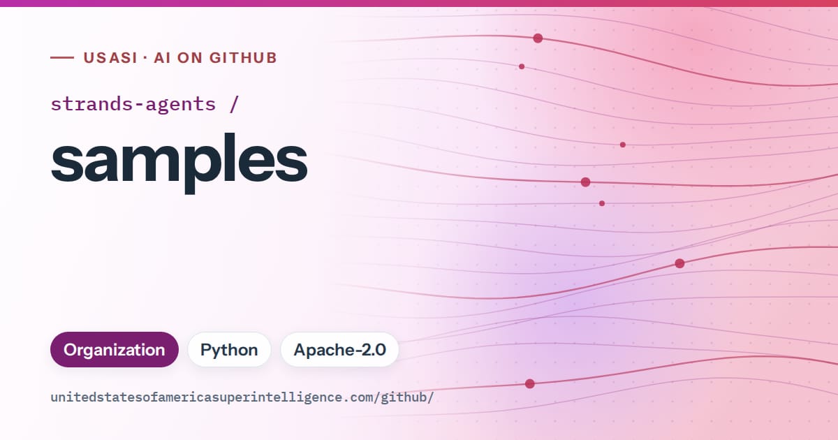 Generated purple flowing-wave artwork for strands-agents/samples, labeled USASI · AI on GitHub, with Organization · Python · Apache-2.0.