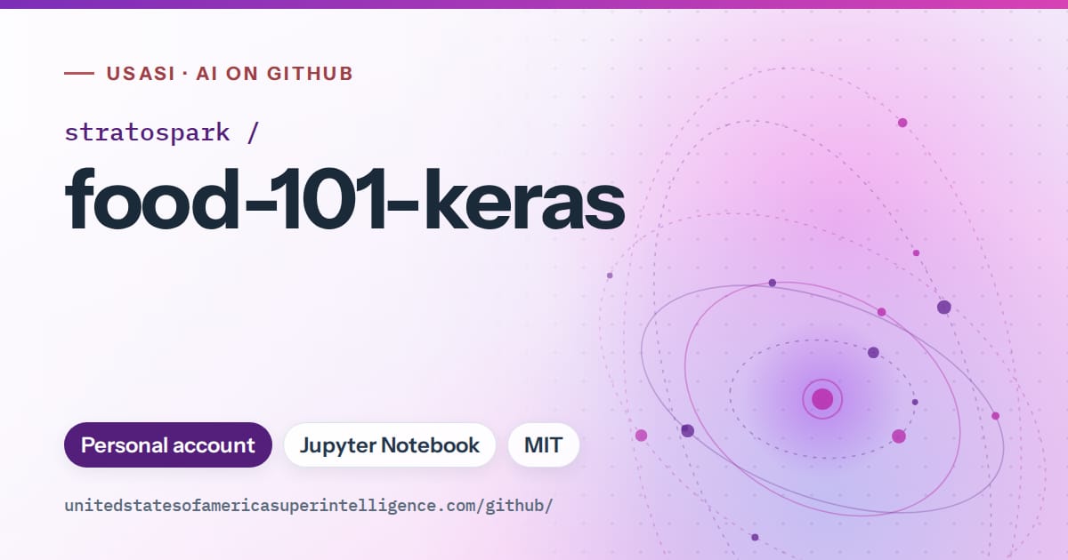 Generated violet orbit artwork for stratospark/food-101-keras, labeled USASI · AI on GitHub, with Personal account · Jupyter Notebook · MIT.