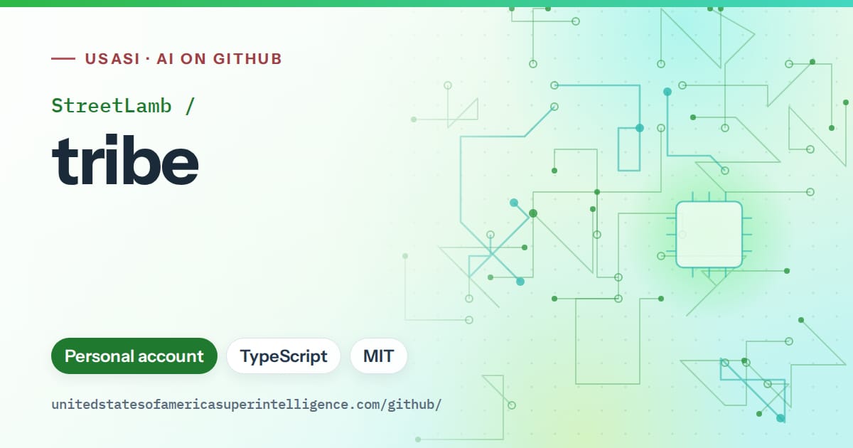Generated green circuit-trace artwork for StreetLamb/tribe, labeled USASI · AI on GitHub, with Personal account · TypeScript · MIT.