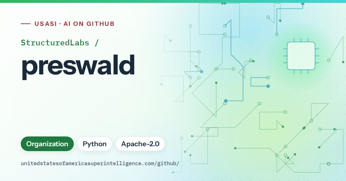 Generated green circuit-trace artwork for StructuredLabs/preswald, labeled USASI · AI on GitHub, with Organization · Python · Apache-2.0.