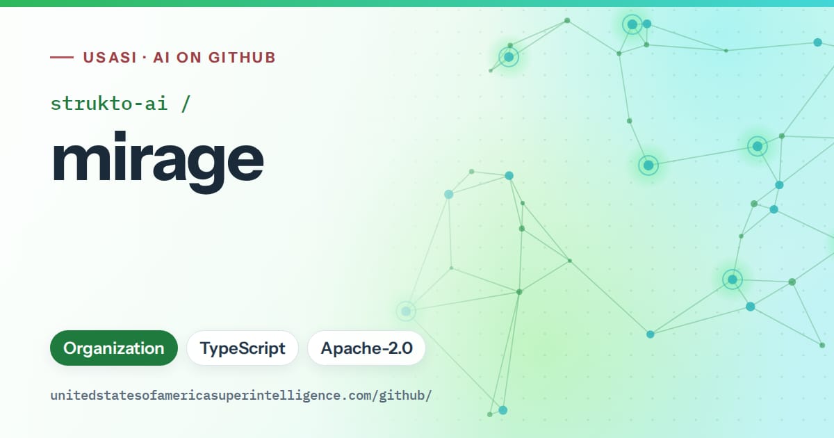 Generated green constellation network artwork for strukto-ai/mirage, labeled USASI · AI on GitHub, with Organization · TypeScript · Apache-2.0.