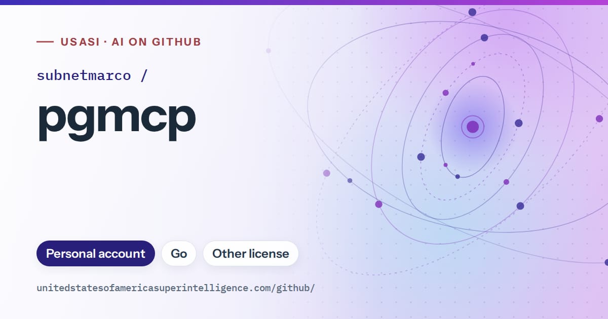 Generated blue orbit artwork for subnetmarco/pgmcp, labeled USASI · AI on GitHub, with Personal account · Go · Other license.