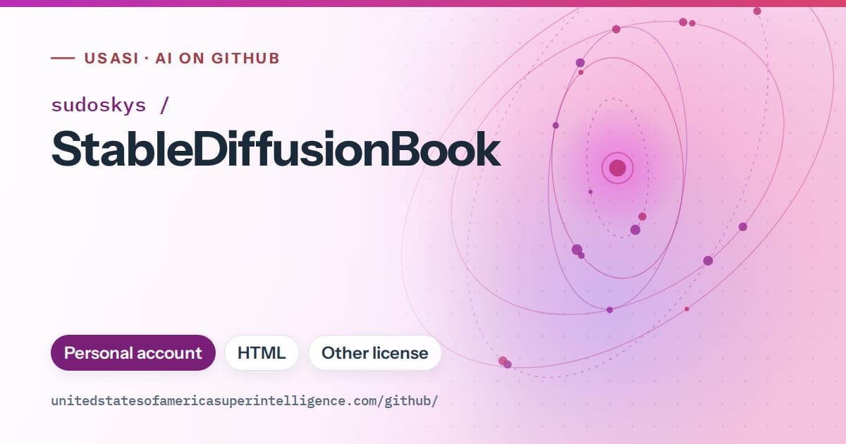 Generated purple orbit artwork for sudoskys/StableDiffusionBook, labeled USASI · AI on GitHub, with Personal account · HTML · Other license.